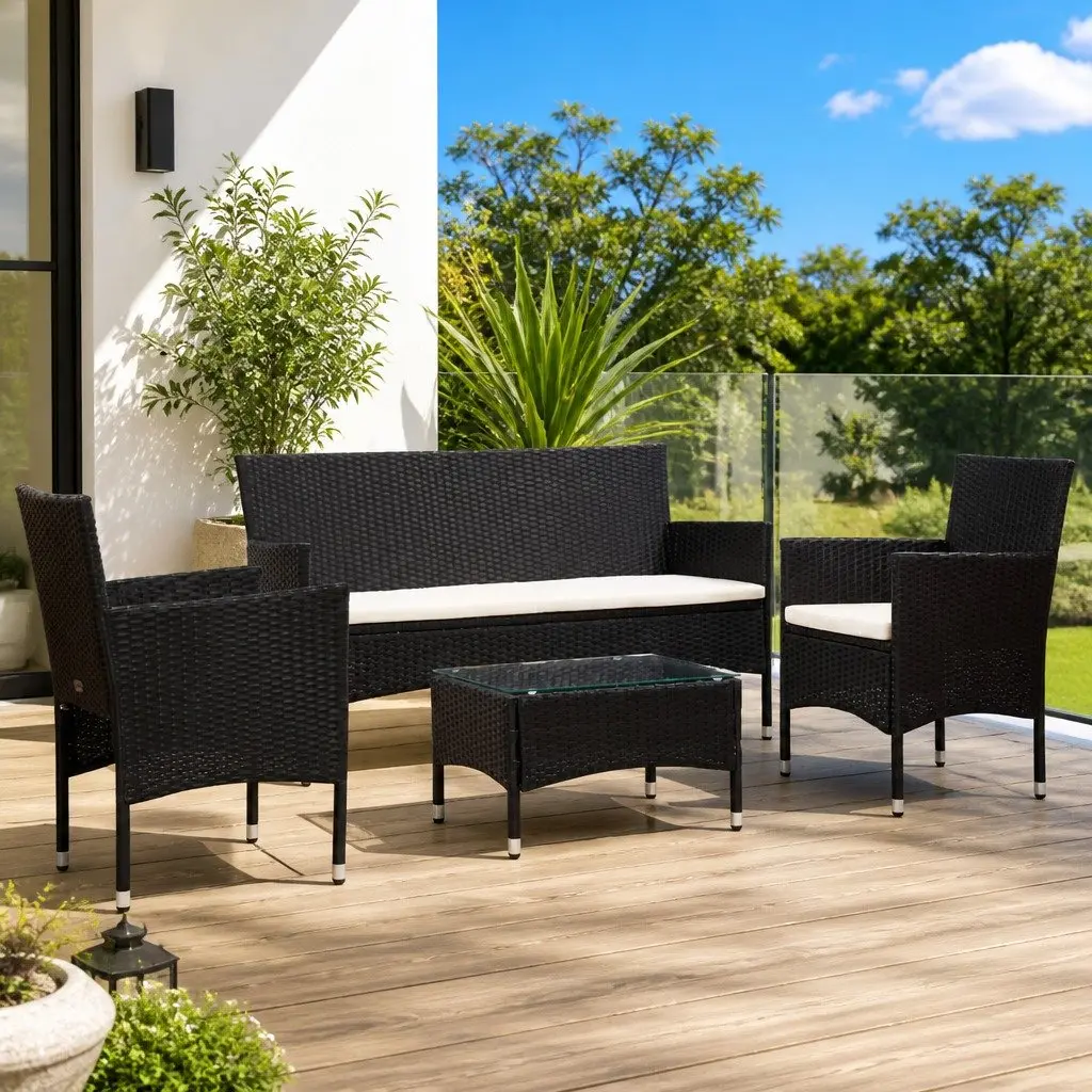 4 Piece Garden Lounge Set PE Rattan Sofa Table Cushions Black