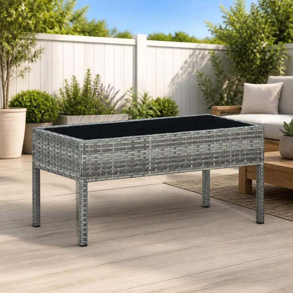 Garden Table Grey PE Rattan with Glass Top 75 x 40 x 37 cm