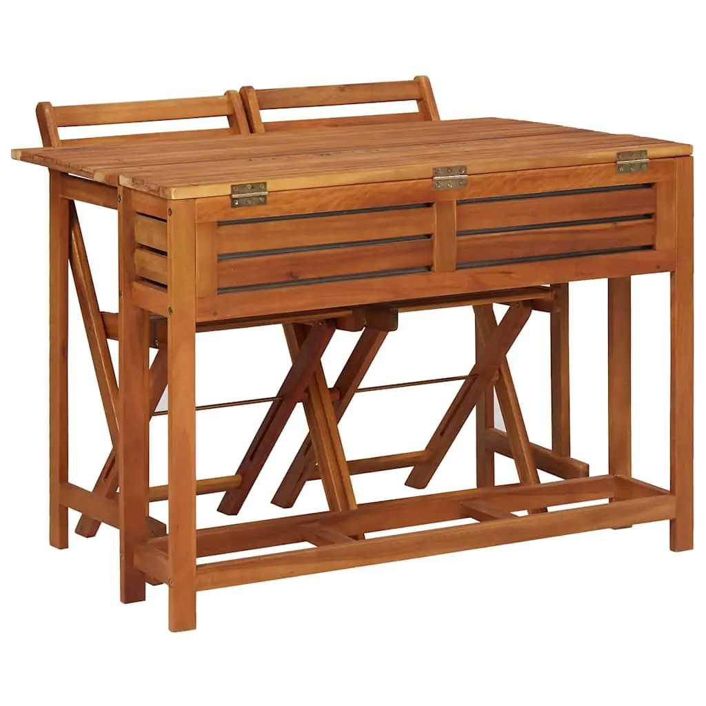 Garden Planter Table with Lid Solid Acacia Hardwood Brown with 2 Folding Bistro Chairs Outdoor Furniture Set