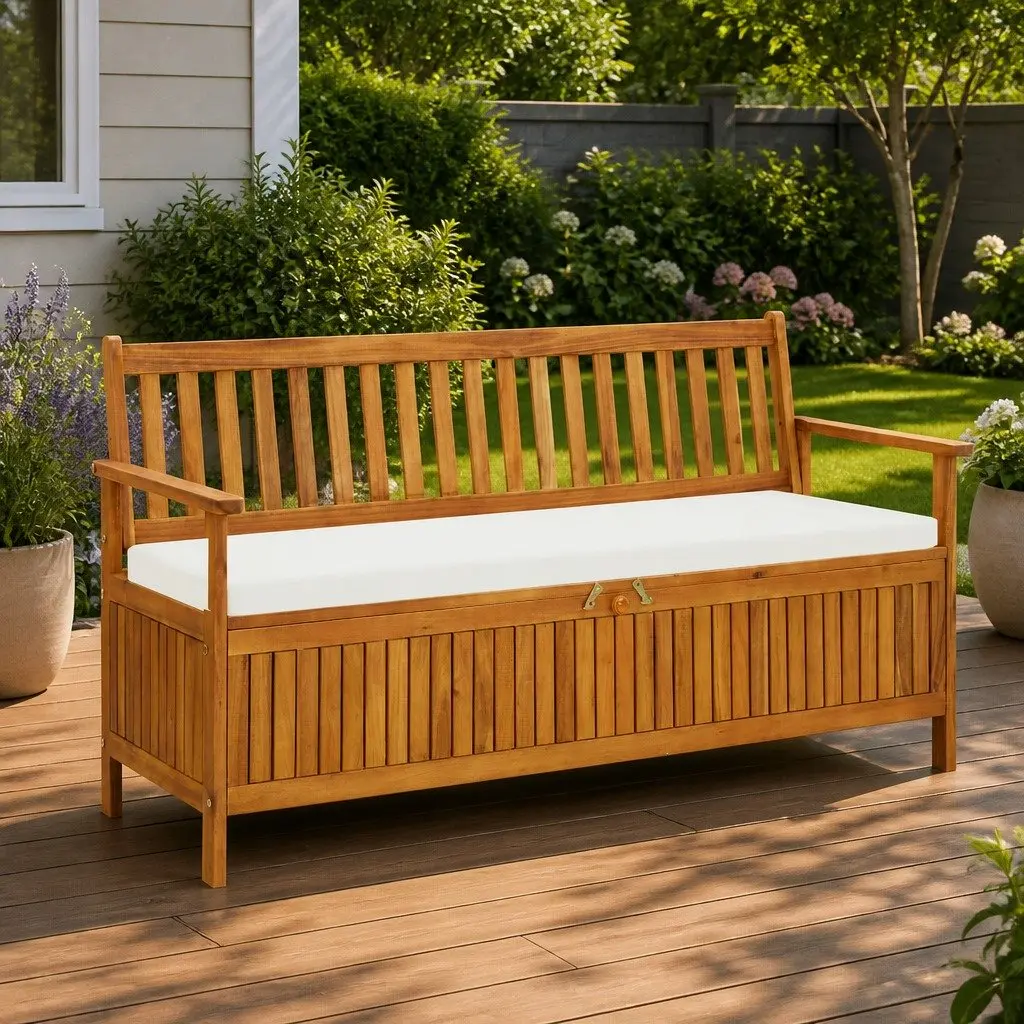 Outdoor Storage Bench Solid Acacia Wood 148cm Brown Garden Patio Seating