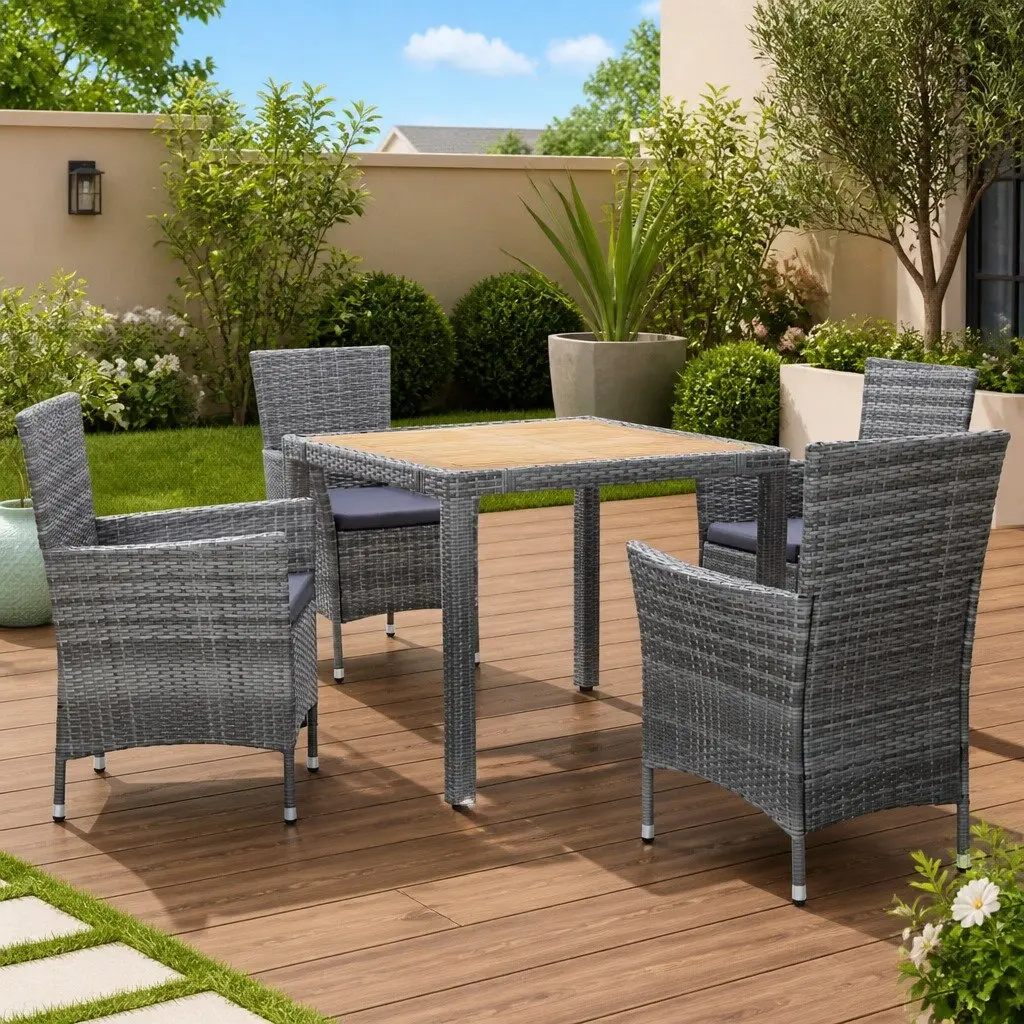 5 Piece Outdoor Dining Set Water-Resistant PE Rattan Powder-Coated Steel Frame Solid Acacia Wood Table Grey