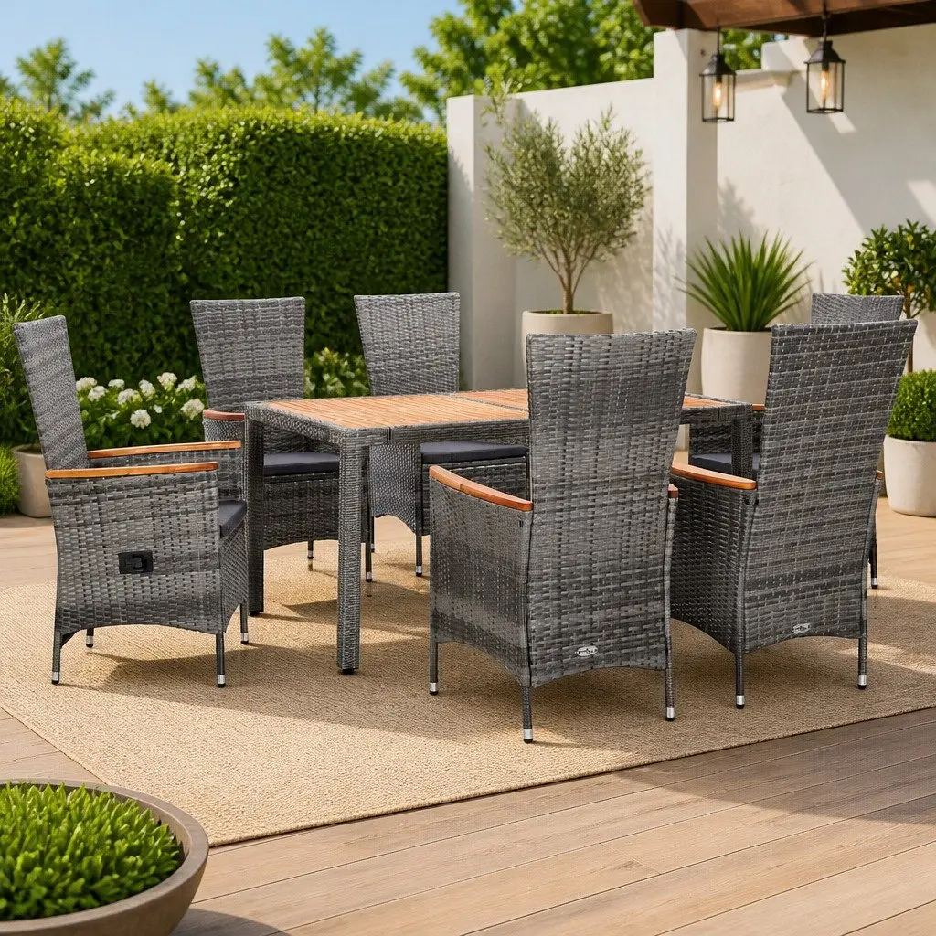Outdoor Dining Set Poly Rattan 7 Piece Grey with Cushions