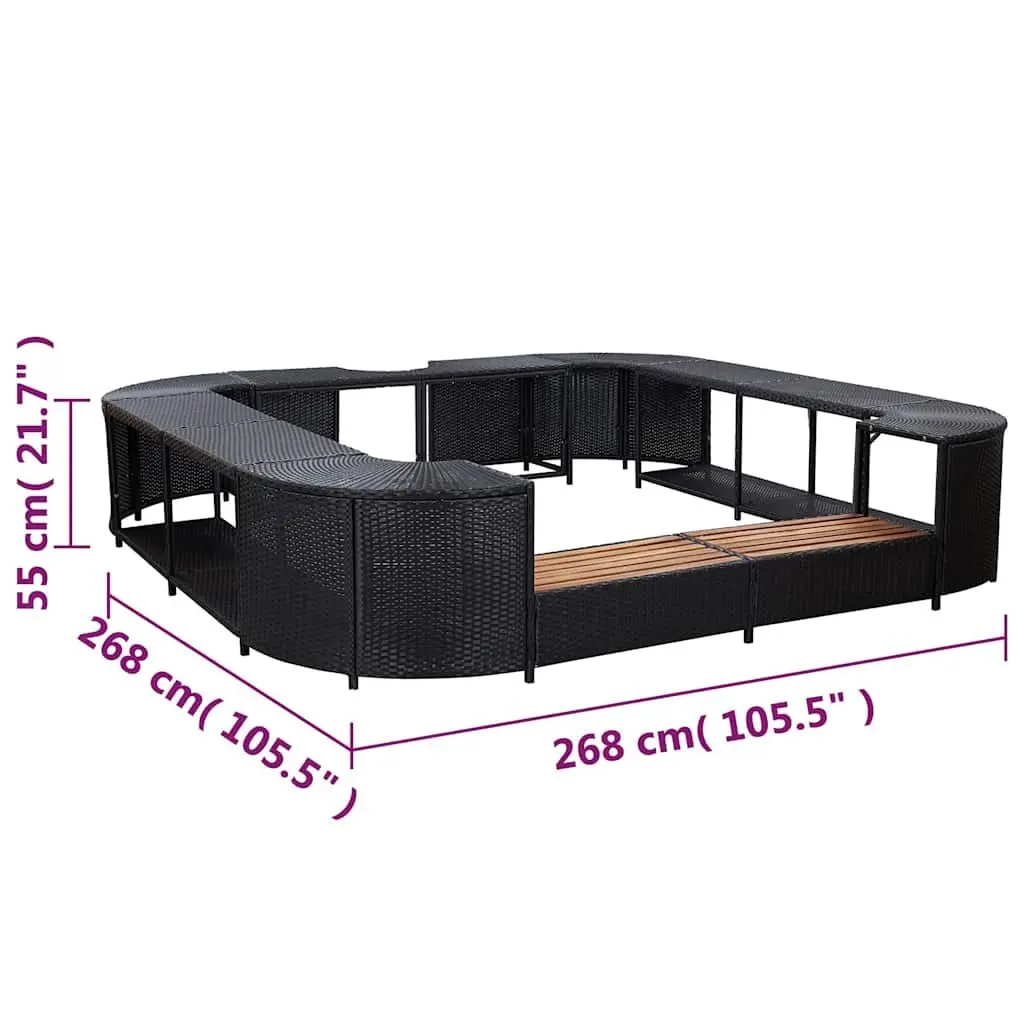 Square Spa Surround Poly Rattan 268 x 268 cm Black with Solid Wood Steps