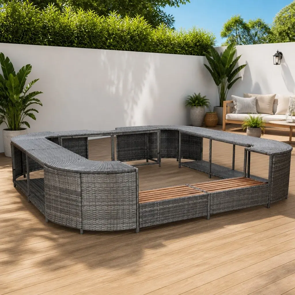 Square Spa Surround Poly Rattan 268cm Grey Outdoor Garden Hot Tub Enclosure