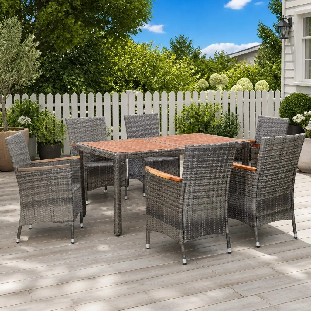 Garden Dining Set PE Rattan 7 Piece Outdoor Furniture with Cushions Grey