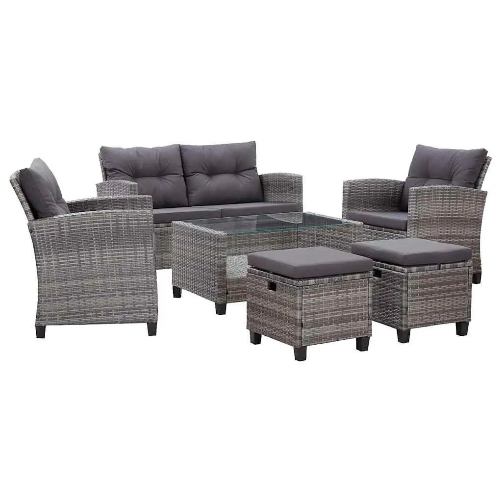 Outdoor Garden Sofa Set Poly Rattan 6 Piece Grey with Cushions