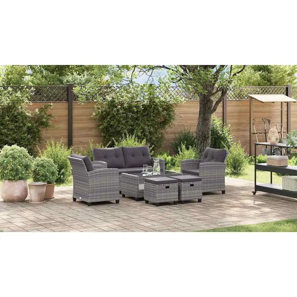 Outdoor Garden Sofa Set Poly Rattan 6 Piece Grey with Cushions