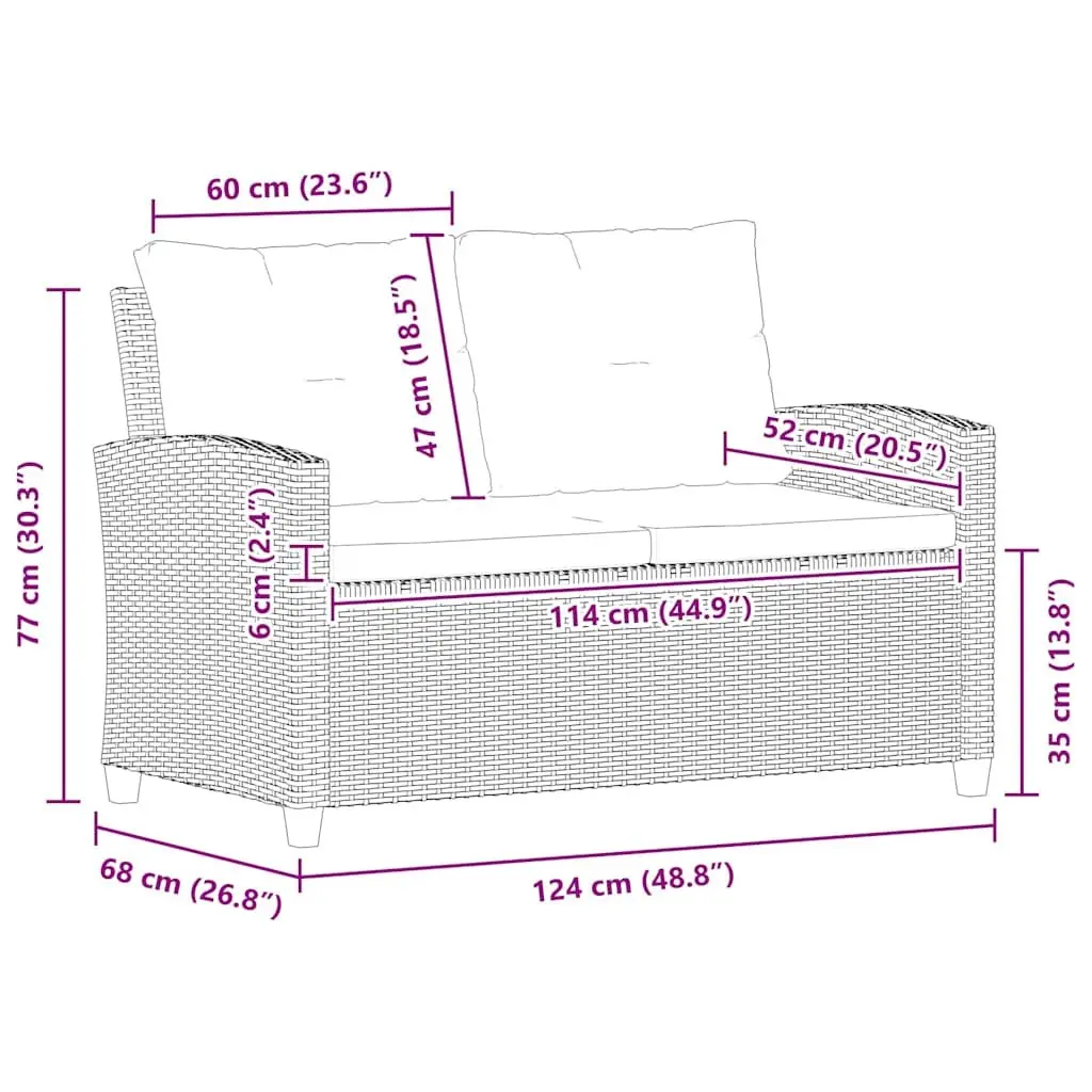 2-Seater Outdoor Garden Sofa Grey Poly Rattan with Cushions Patio Seating 124cm