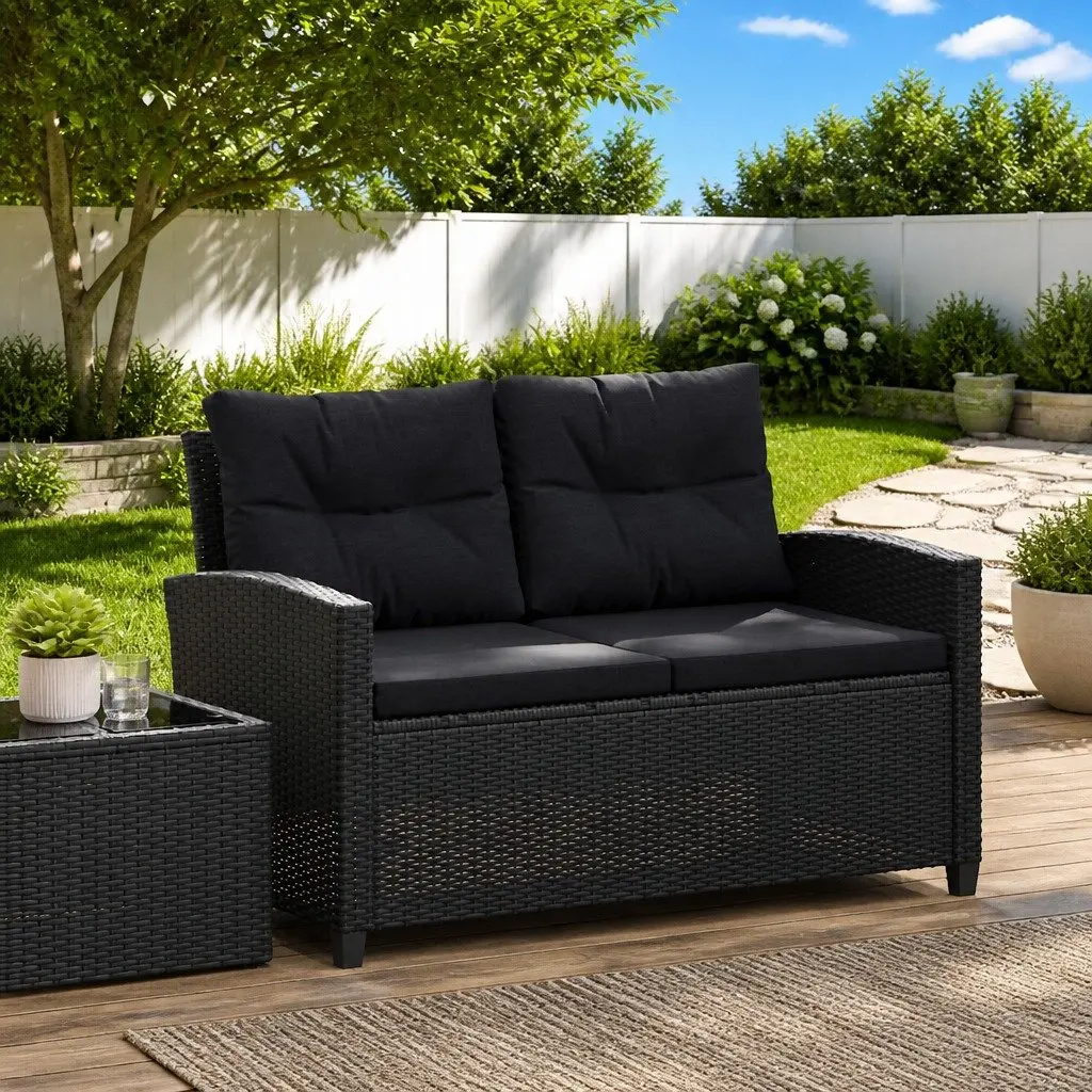 2-Seater Garden Sofa PE Rattan 124cm Black Powder-coated Steel with Cushions
