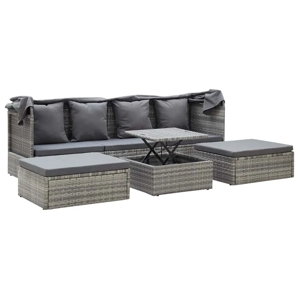 Garden Lounge Bed PE Rattan Grey Patio Daybed with Roof