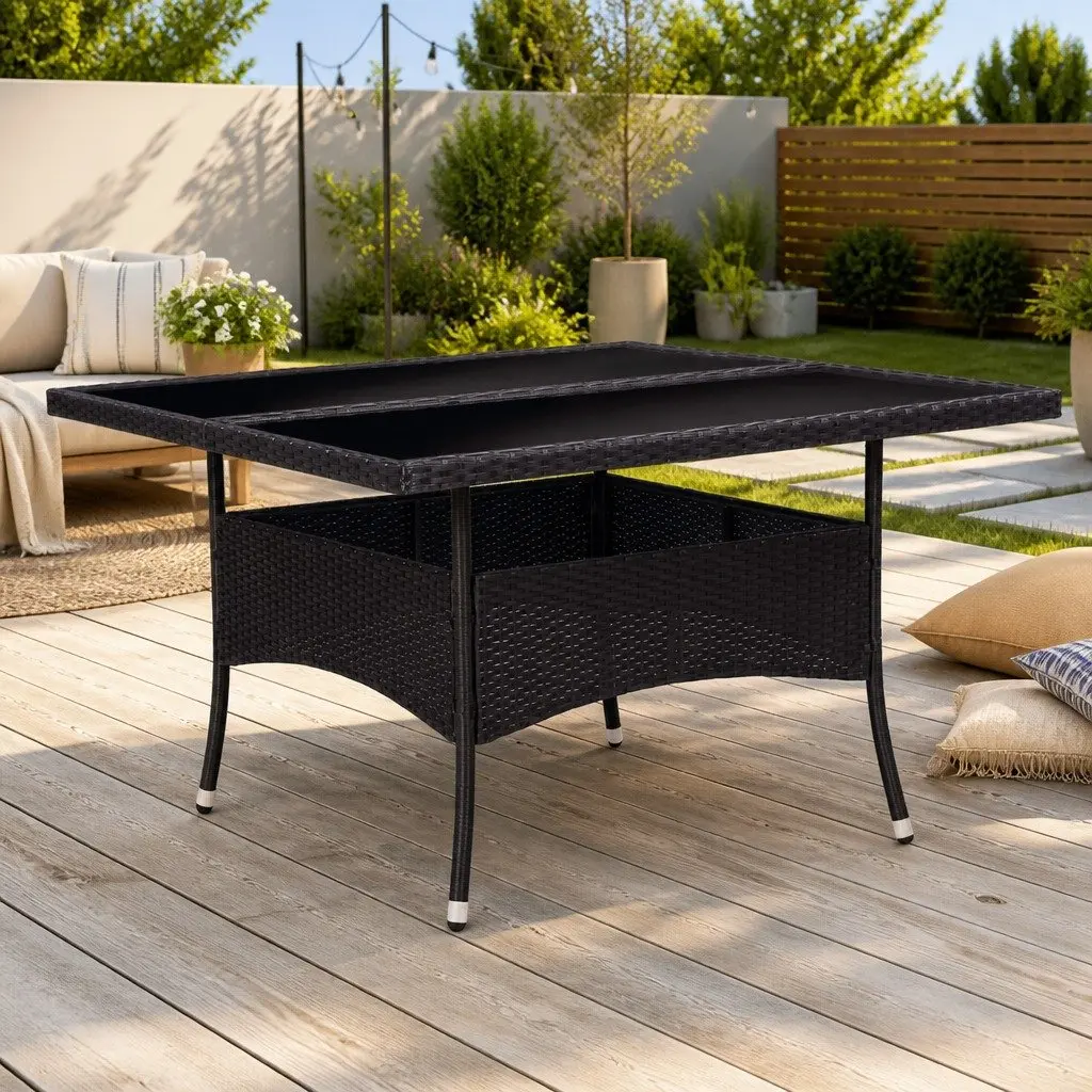 Outdoor Dining Table Black Poly Rattan Glass Patio Furniture 4 Seater Garden