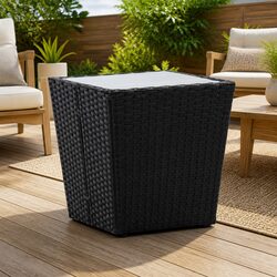 Outdoor Tea Table Black Garden Patio Furniture Rattan Tempered Glass Top