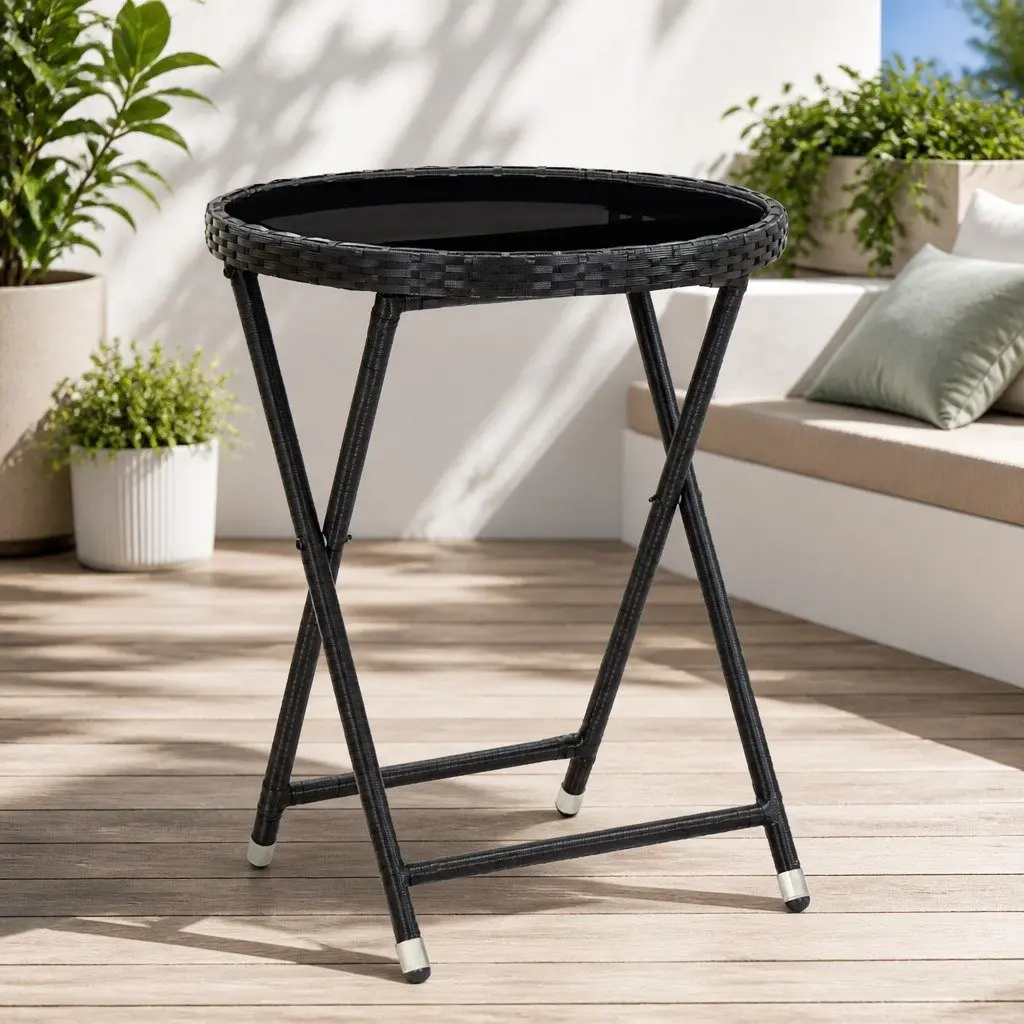 Outdoor Folding Table Black PE Rattan Tempered Glass 60cm Patio Garden