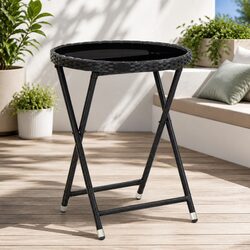 Outdoor Tea Table Black Poly Rattan Tempered Glass Patio Garden Folding