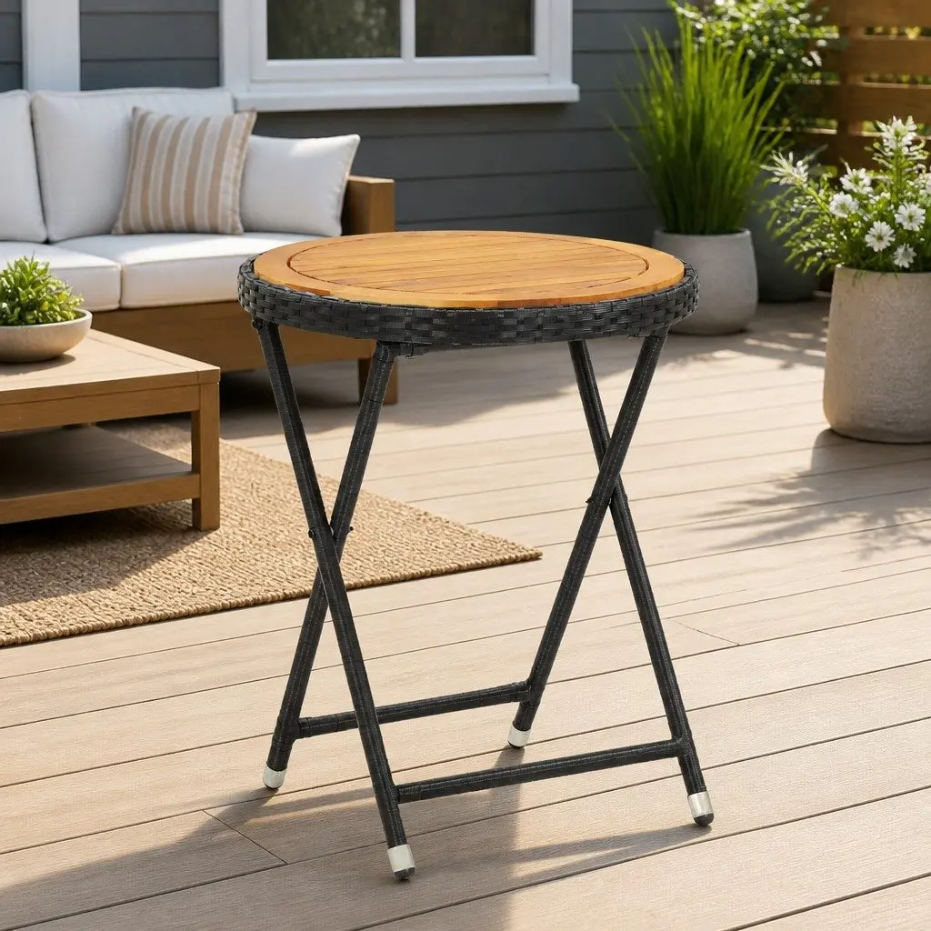 Outdoor Tea Table Black Poly Rattan Folding Garden Patio Furniture 60cm
