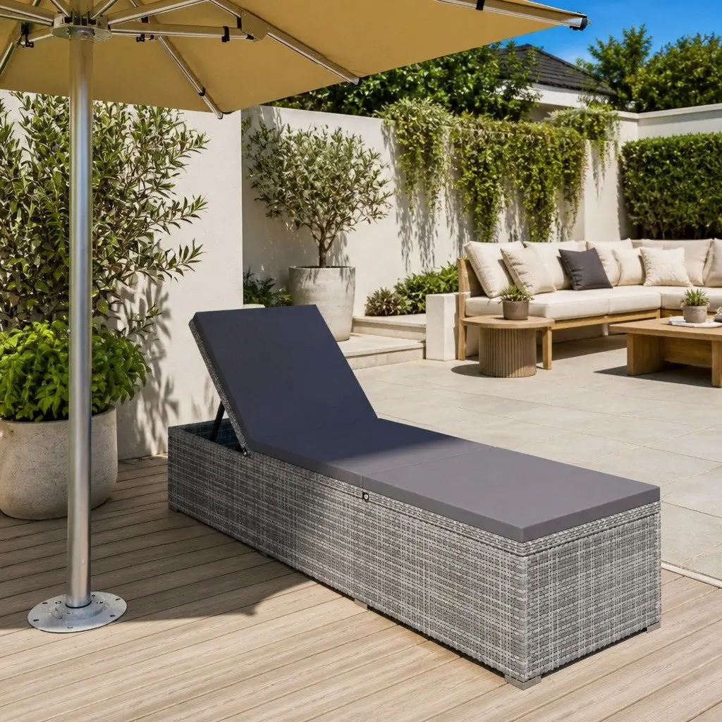 Sun Lounger PE Rattan Adjustable Grey Outdoor Seating with Cushion