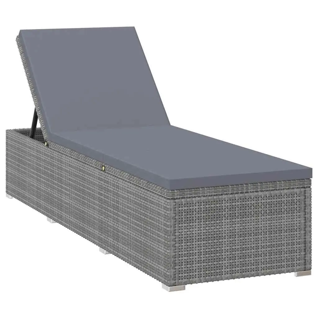 Sun Lounger PE Rattan Adjustable Grey Outdoor Seating with Cushion
