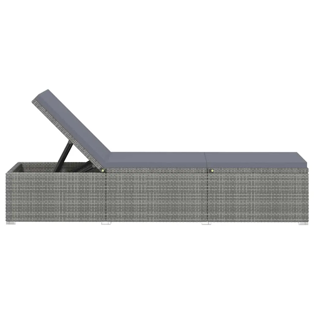 Sun Lounger PE Rattan Adjustable Grey Outdoor Seating with Cushion
