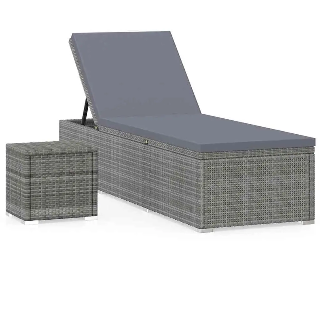 Sun Lounger with Cushion and Tea Table Poly Rattan Grey Outdoor Lounger