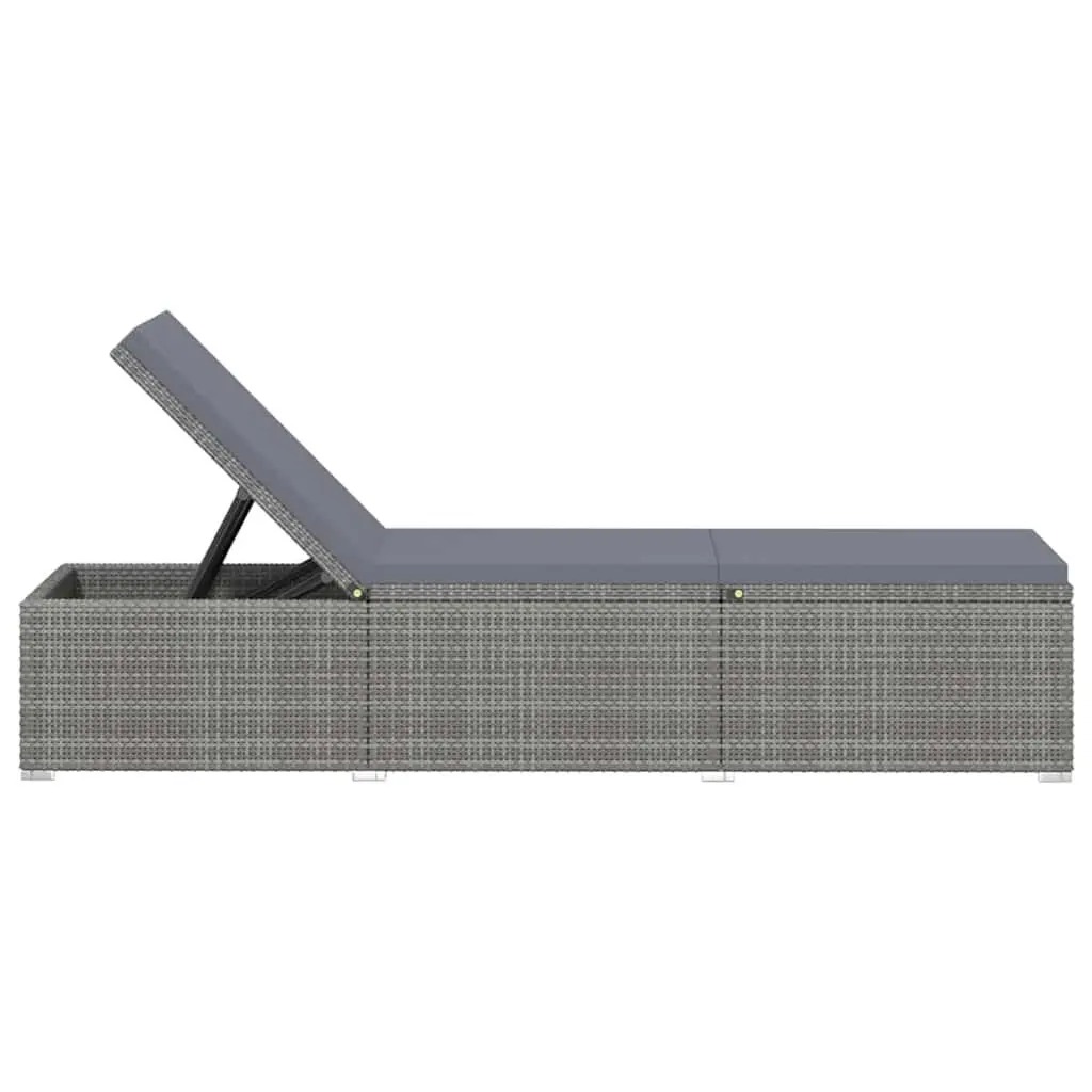 Sun Lounger with Cushion and Tea Table Poly Rattan Grey Outdoor Lounger