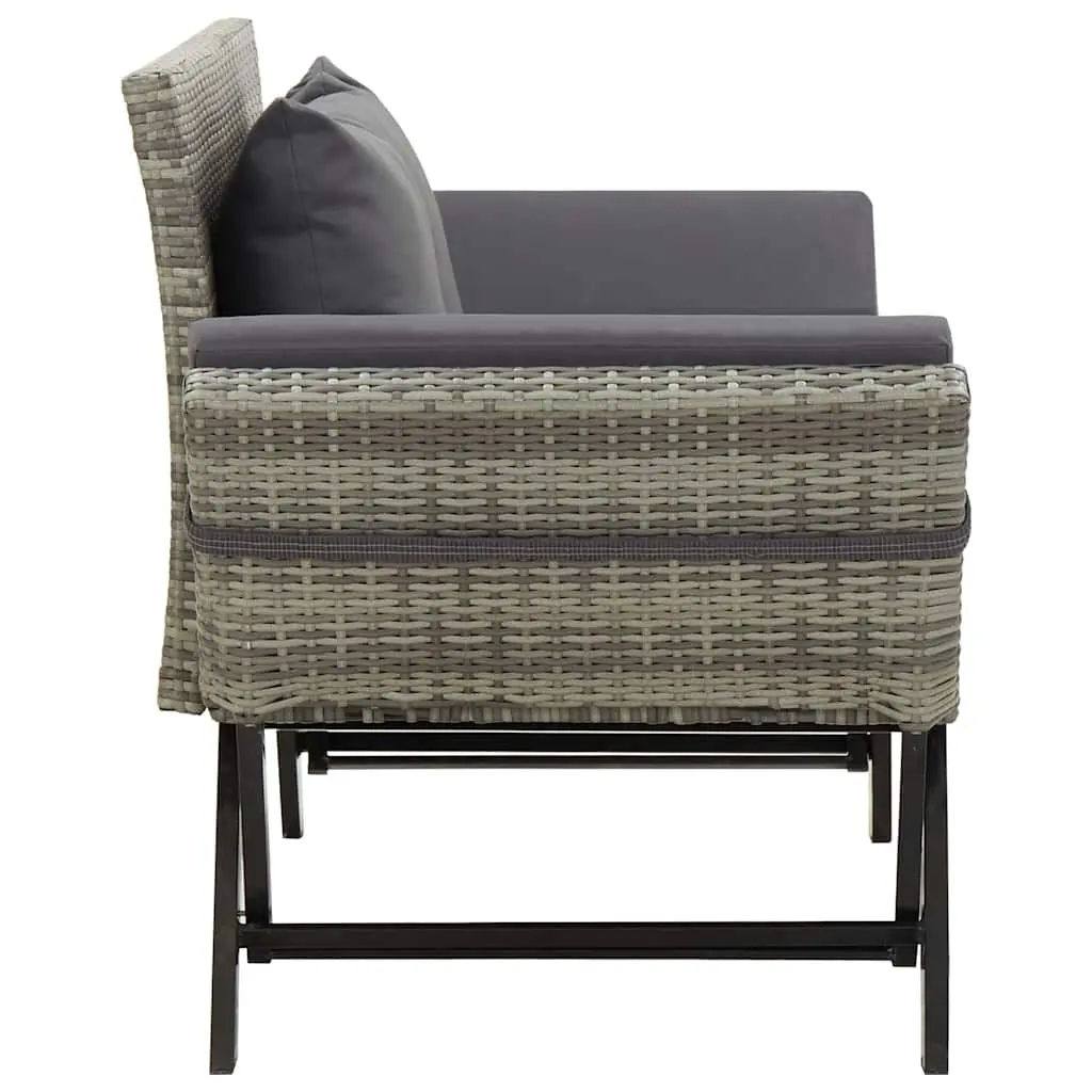 Outdoor Garden Bench PE Rattan 176cm Grey with Adjustable Sides and Cushions
