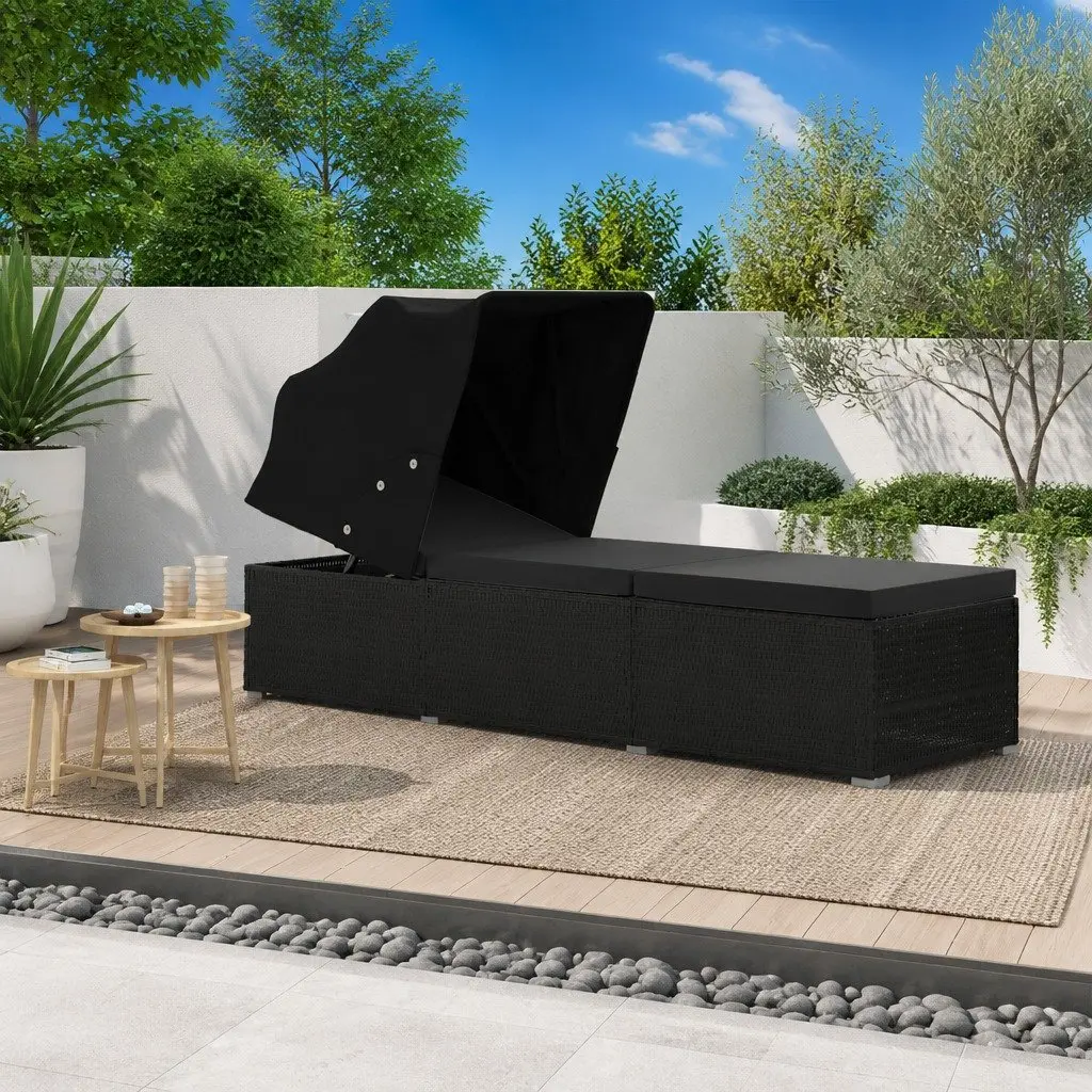 Sun Lounger PE Rattan with Canopy and Cushion Black
