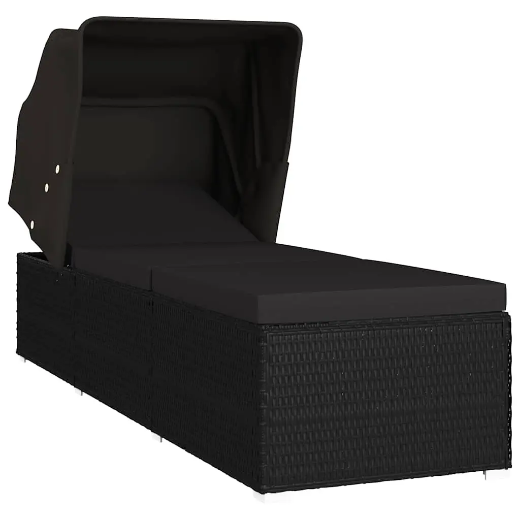 Sun Lounger PE Rattan with Canopy and Cushion Black