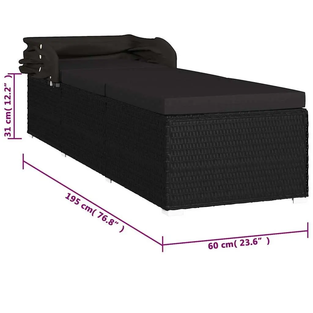 Sun Lounger PE Rattan with Canopy and Cushion Black
