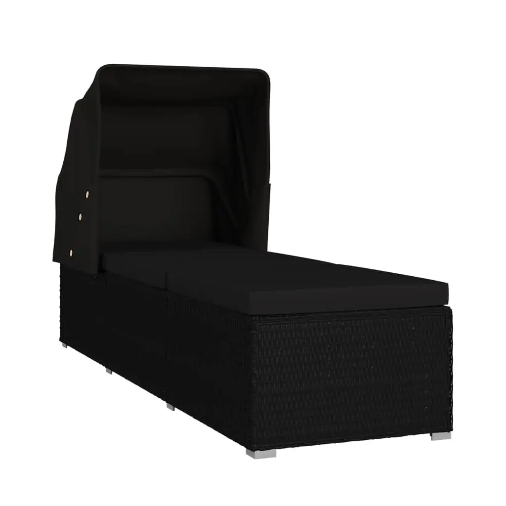 Sun Lounger PE Rattan with Canopy and Cushion Black