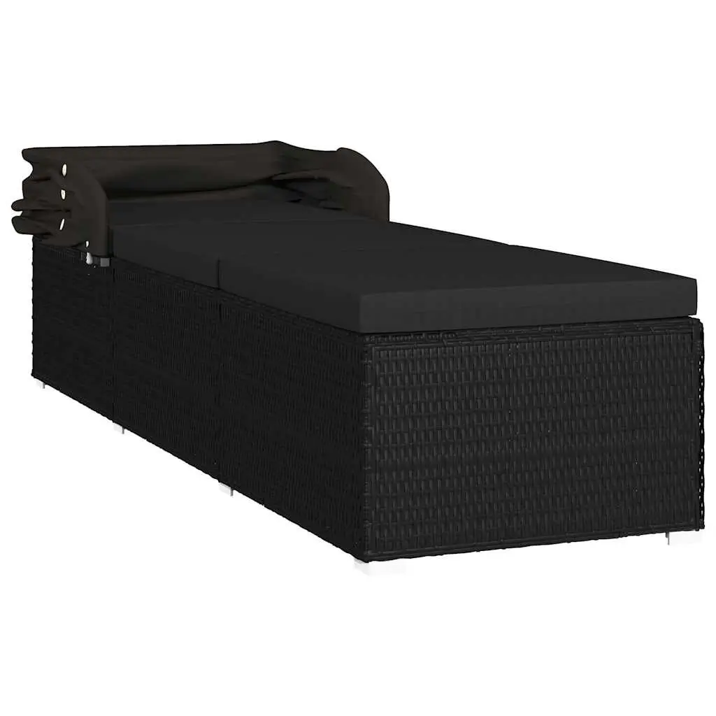 Sun Lounger PE Rattan with Canopy and Cushion Black