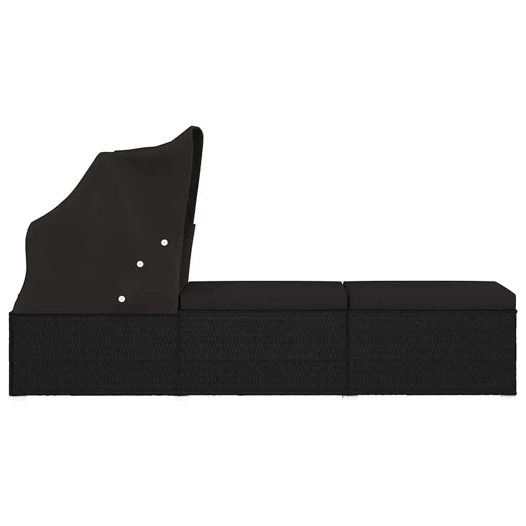 Sun Lounger PE Rattan with Canopy and Cushion Black