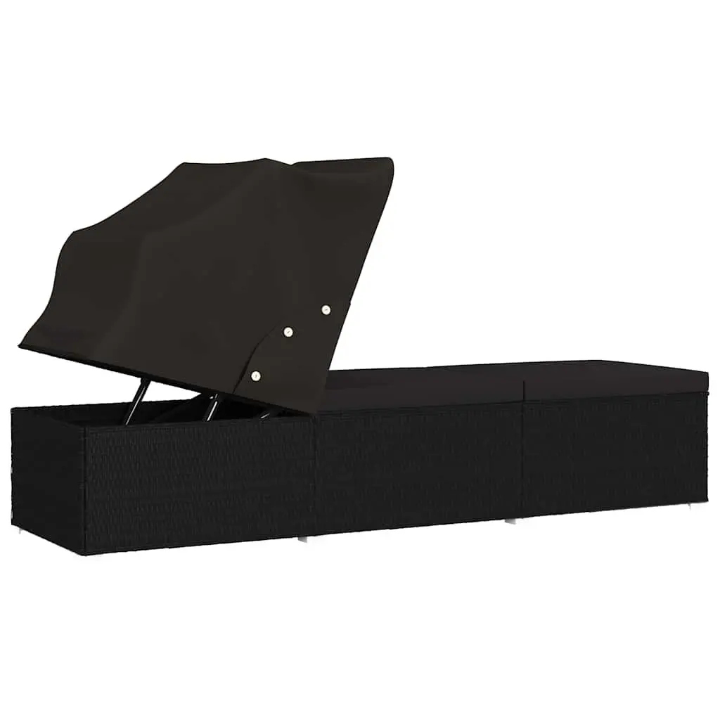 Sun Lounger PE Rattan with Canopy and Cushion Black