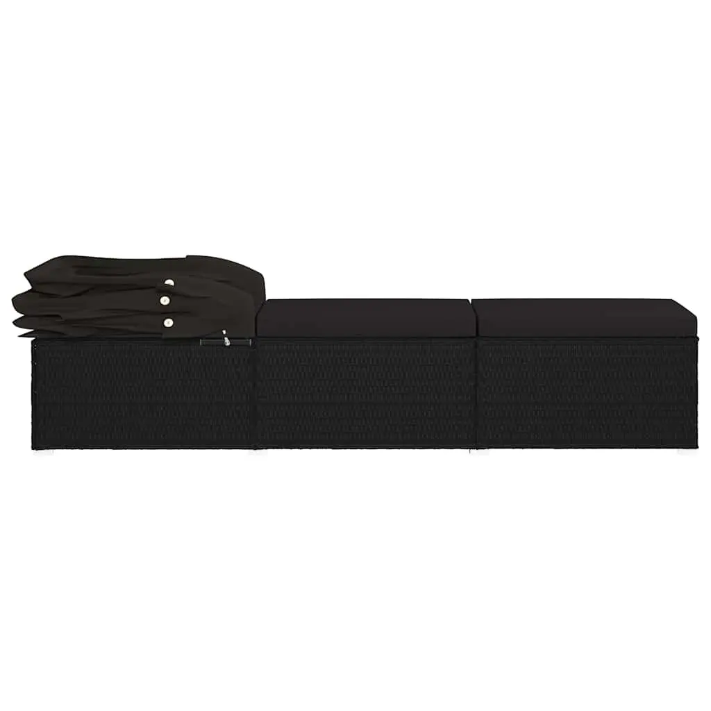 Sun Lounger PE Rattan with Canopy and Cushion Black
