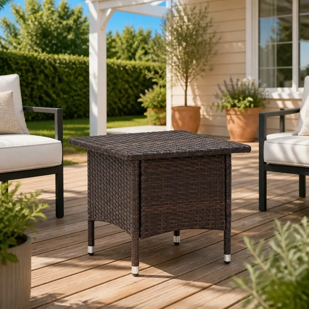 Outdoor Coffee Table Poly Rattan Steel Frame Brown 50x50x47cm Weather Resistant Garden Patio Side Table