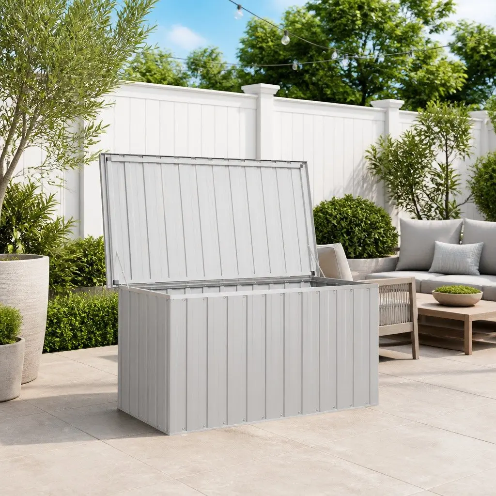 Garden Storage Box Galvanised Steel 129 x 67 x 65 cm Grey Outdoor Patio Deck Cushion Pillow Blanket Organiser