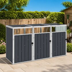 Triple Garbage Bin Shed Garden Waste Container Enclosure Grey Steel Storage