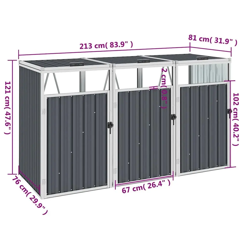 Triple Garbage Bin Shed Garden Waste Container Enclosure Grey Steel Storage