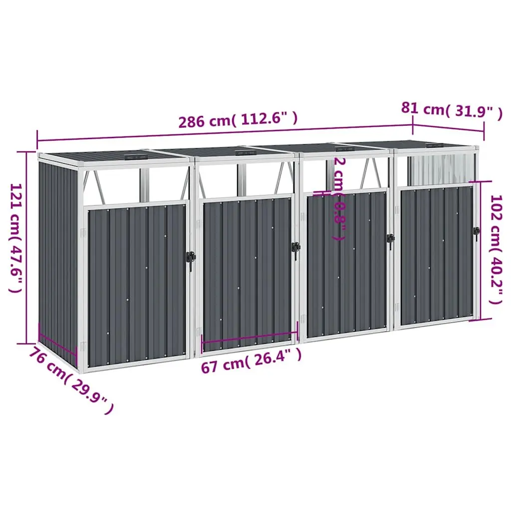 Quadruple Bin Shed Galvanised Steel Grey 286x81x121cm Outdoor Waste Container Storage