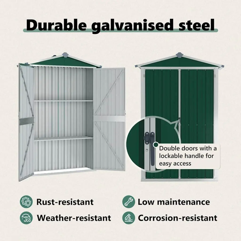 Garden Shed Galvanised Steel 116x45x175cm Green Outdoor Storage with Doors and Shelves