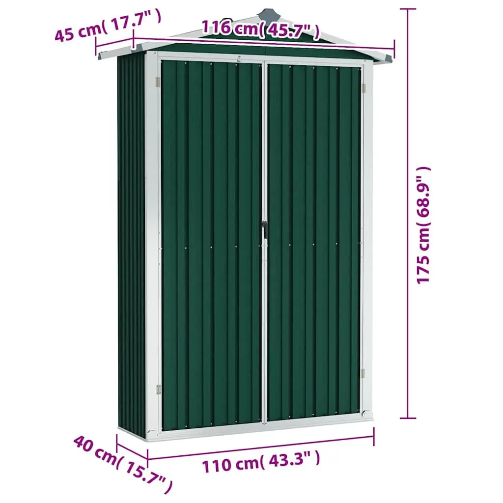 Garden Shed Galvanised Steel 116x45x175cm Green Outdoor Storage with Doors and Shelves