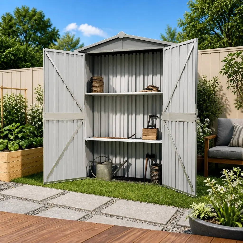 Garden Shed Galvanised Steel 116L x 45W x 175H cm Grey Outdoor Storage Tool Equipment Shed