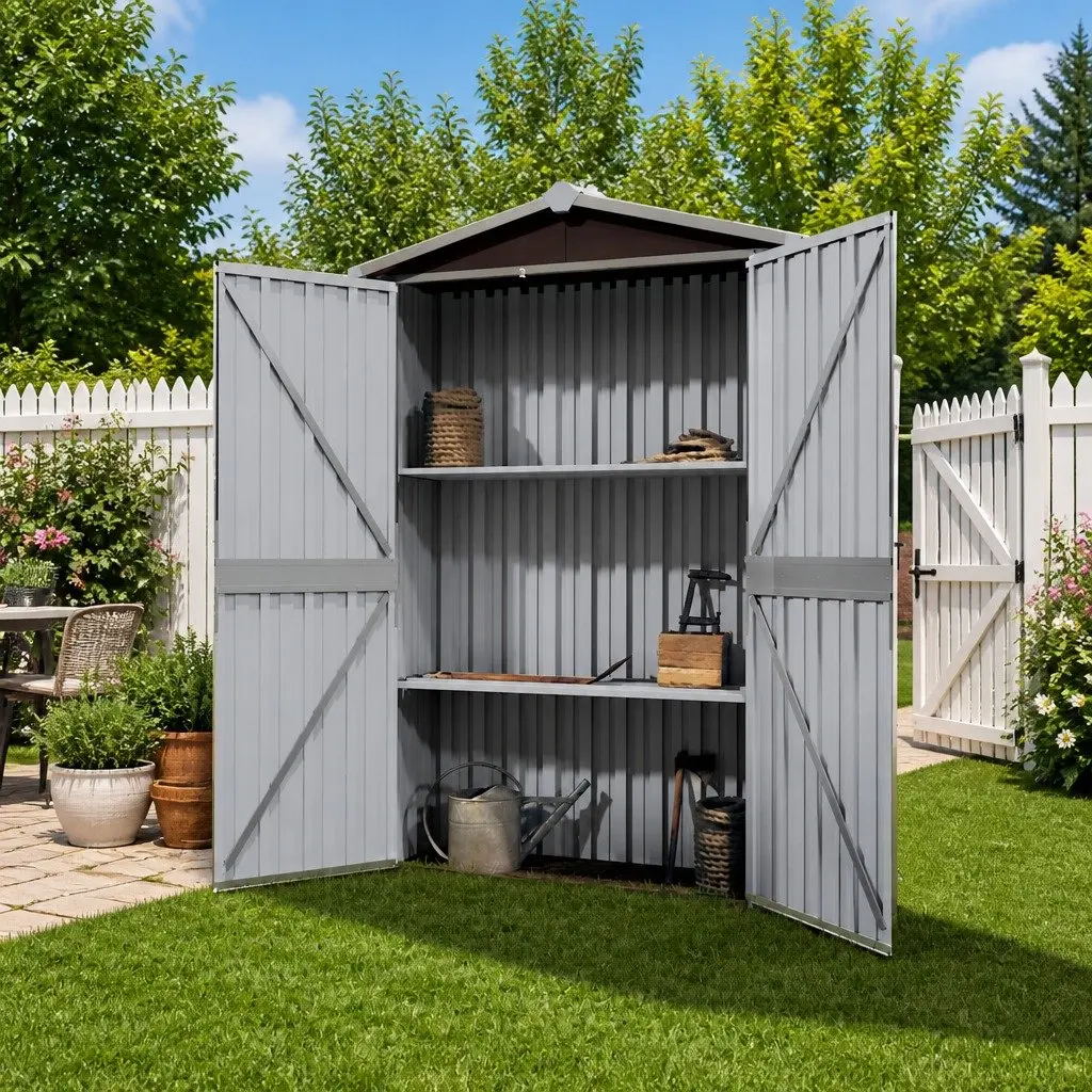 Garden Shed Galvanised Steel Brown Double Doors Shelves 116 x 45 x 175 cm