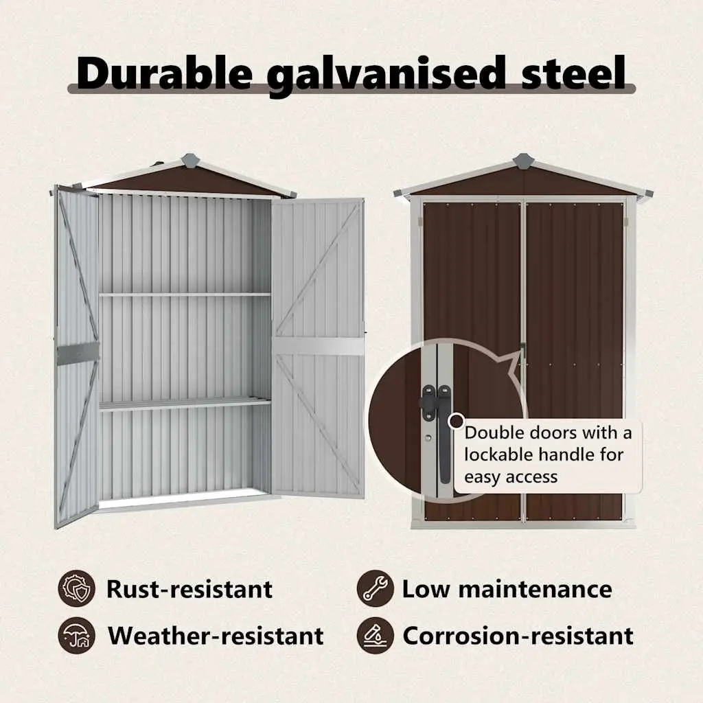 Garden Shed Galvanised Steel Brown Double Doors Shelves 116 x 45 x 175 cm