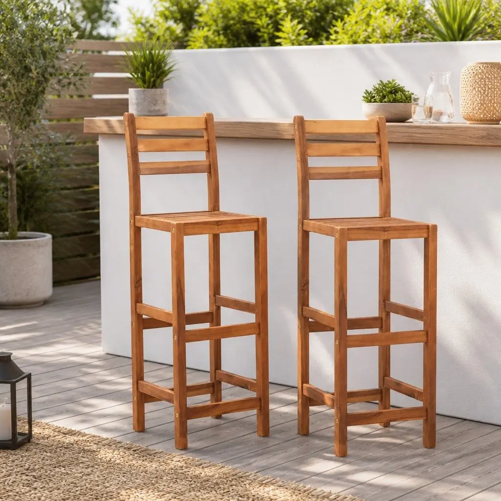 Bar Stools 2 pcs Acacia Wood Bar Chairs Outdoor Kitchen Dining Seating Set
