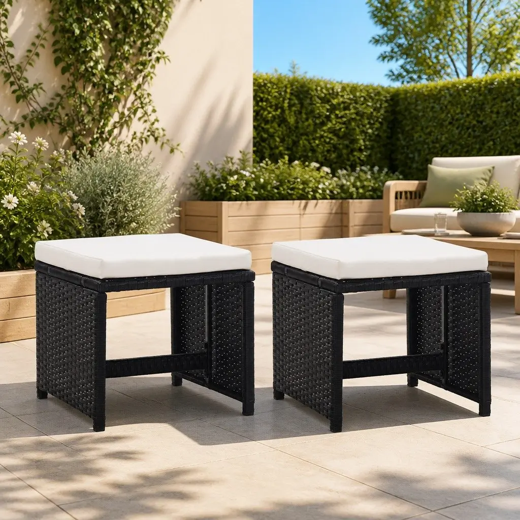 Garden Stools Set Poly Rattan Black with Cushions 2 Piece
