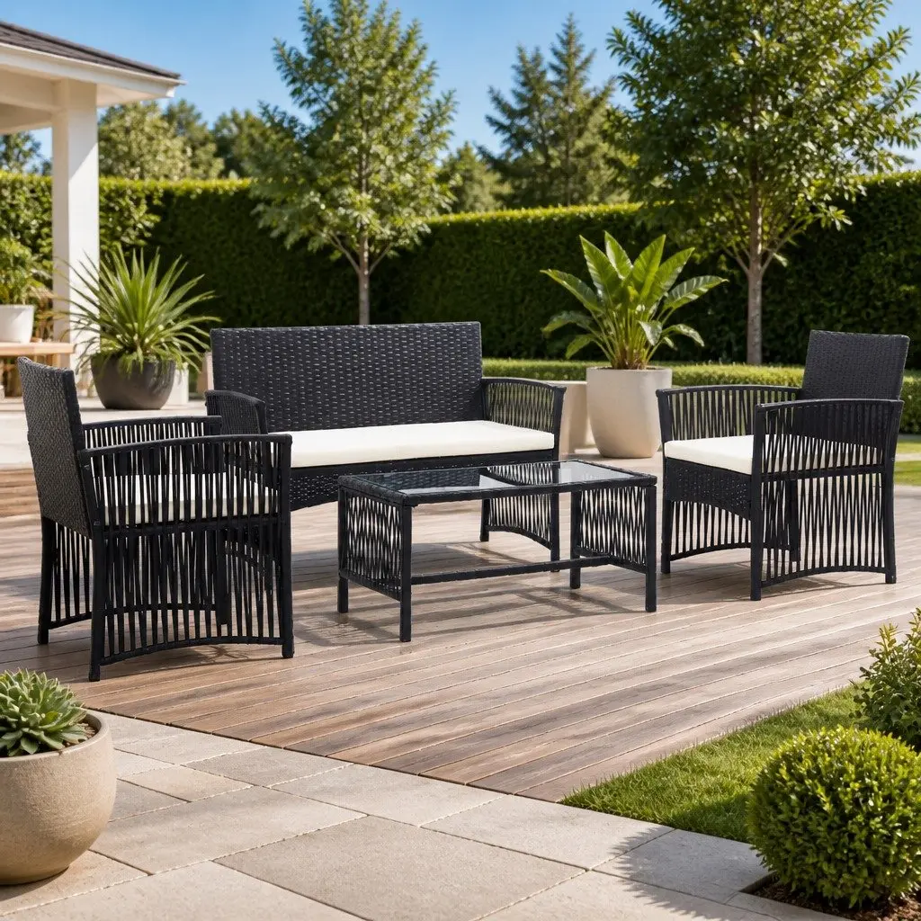 4 Piece Outdoor Patio Furniture Set Black PE Rattan with Cushions