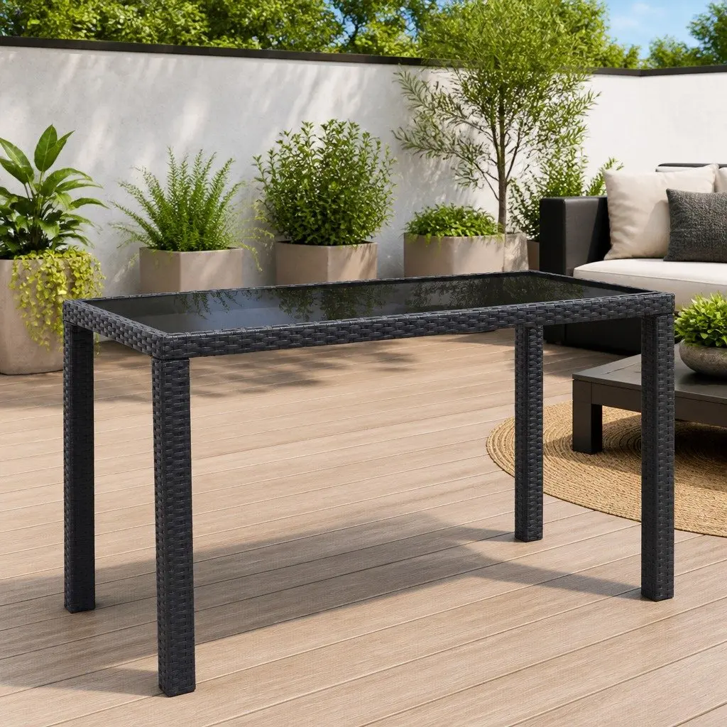 Garden Dining Table Black Outdoor Patio Furniture Glass Top Poly Rattan 123cm
