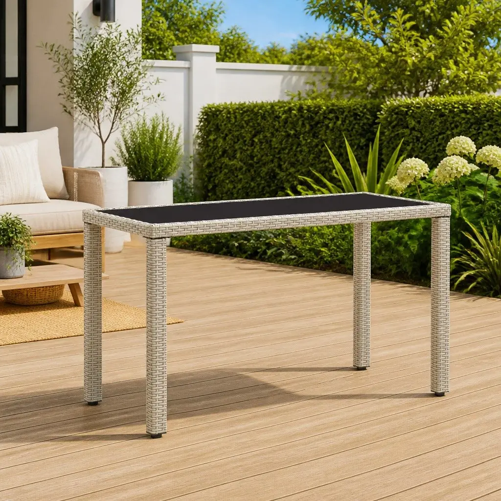 Garden Dining Table Poly Rattan Glass Top 123 x 60 x 74 cm Beige