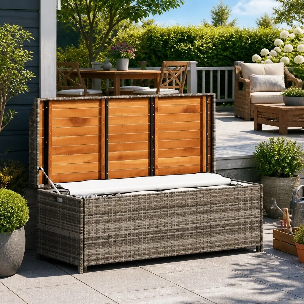 Garden Bench Grey 120cm Poly Rattan Outdoor Storage Seating Weather Resistant