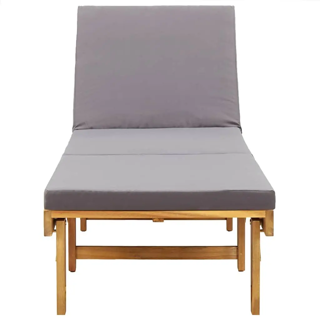 Folding Sun Lounger Solid Acacia Wood Grey Cushion Outdoor Patio